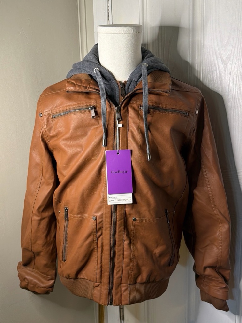 Men's Tan Bomber Jacket with Gray Hood